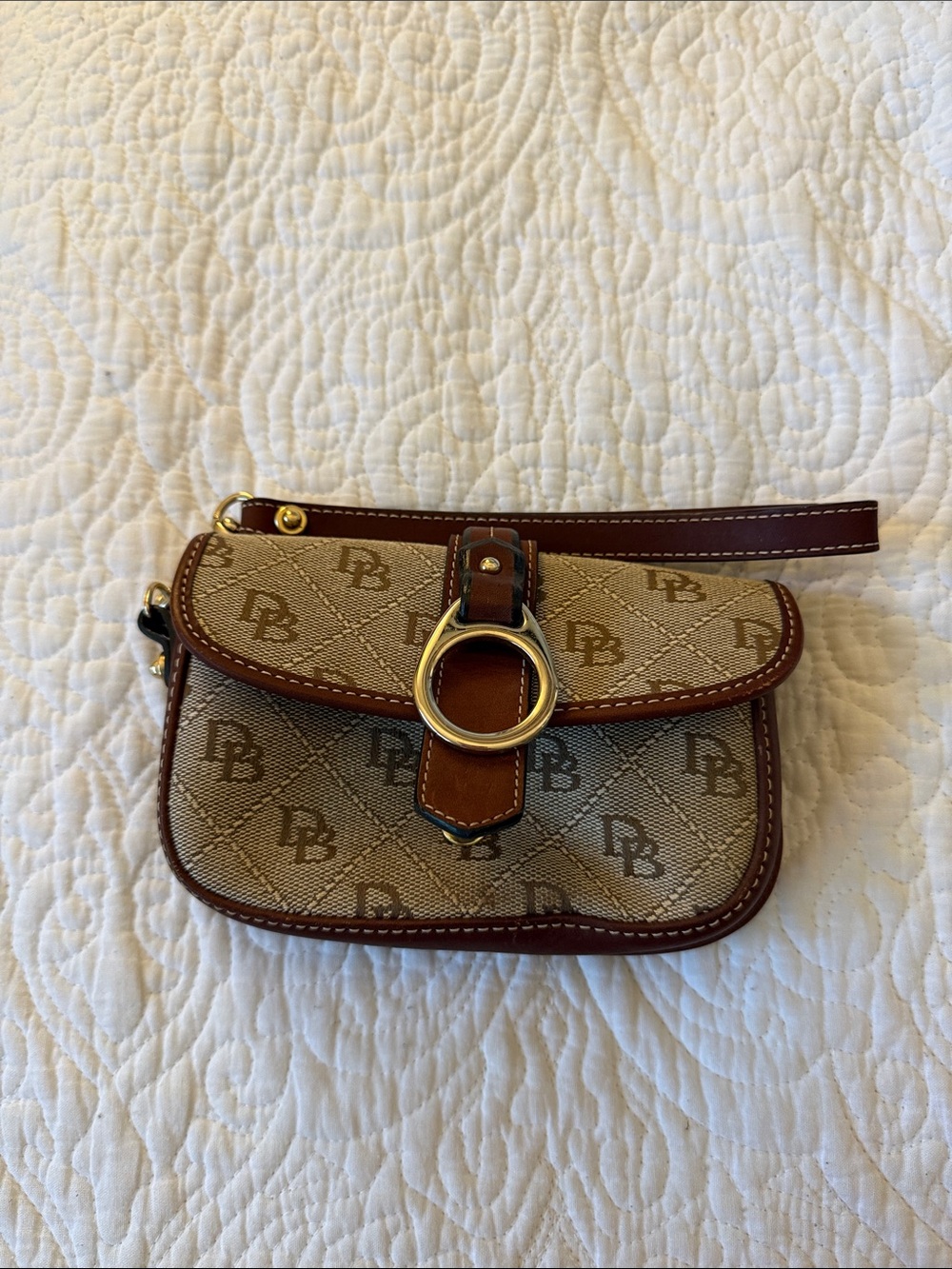 Dooney & Bourke Beige Signature Canvas Wristlet with Brown Trim